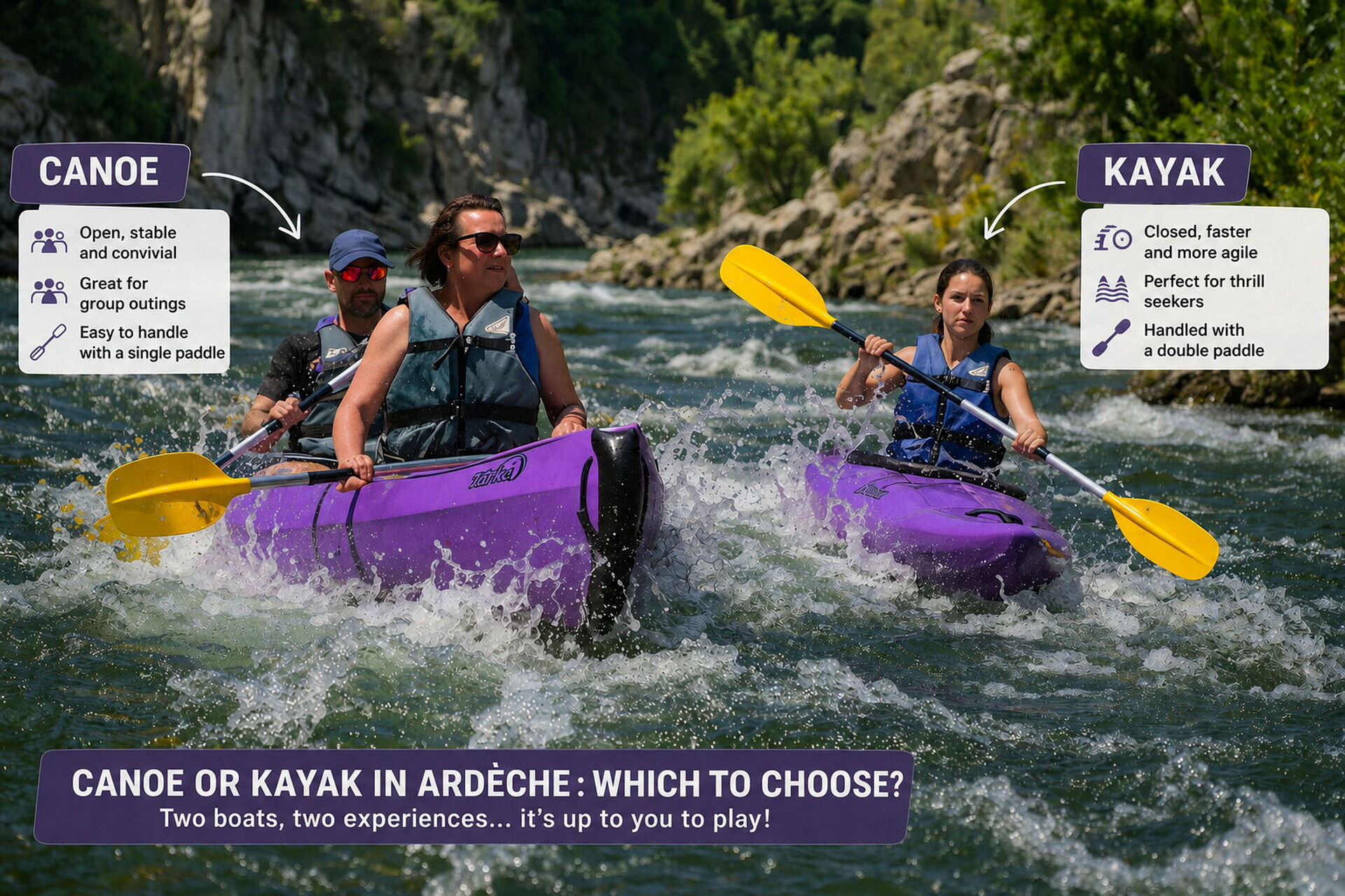 Canoe or kayak in the Ardèche: which to choose, with canoe and kayak on the water