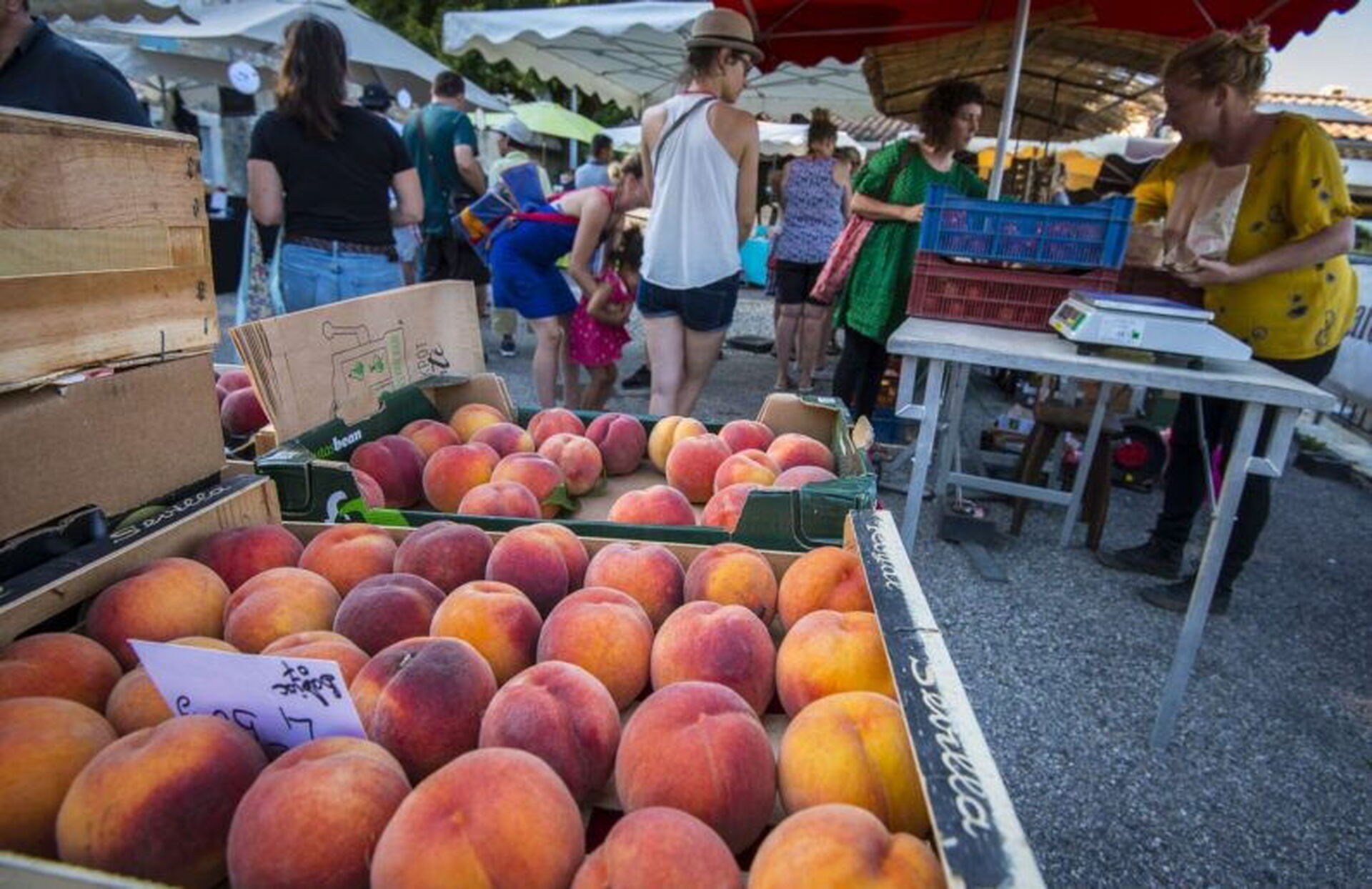 Marché du jeudi matin à Vallon-Pont-d'Arc, étals et allées animées